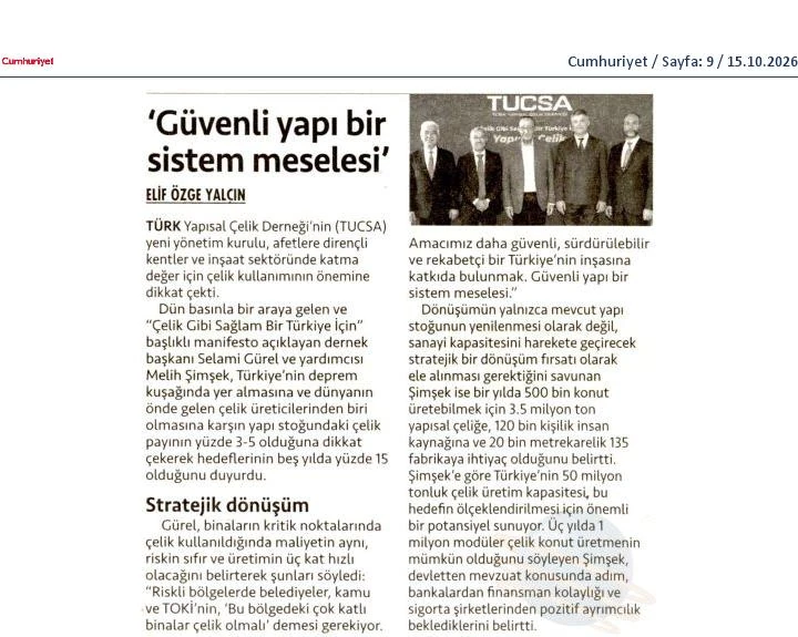 Cumhuriyet gazetesinin 15 Ekim 2026 tarihli sayısında (sayfa 9) çıkan haberin kupürü