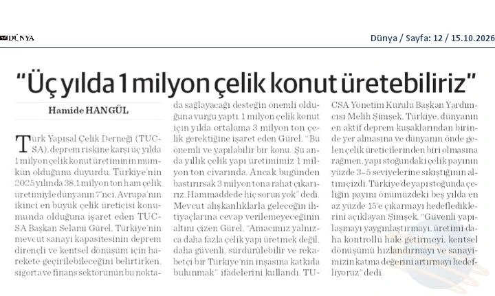 Dünya gazetesinin 15 Ekim 2026 tarihli sayısında (sayfa 12) çıkan haberin kupürü