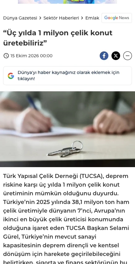 Dünya sitesindeki haberin ekran görüntüsü