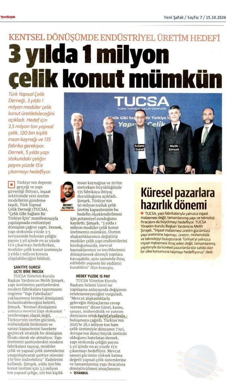 Yeni Şafak gazetesinin 15 Ekim 2026 tarihli sayısında (sayfa 7) çıkan haberin kupürü